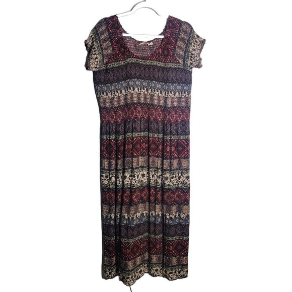 Soft Surroundings Marcelo Smocked Maxi Dress 1X Short Sleeve Boho Slit Printed - Picture 2 of 10